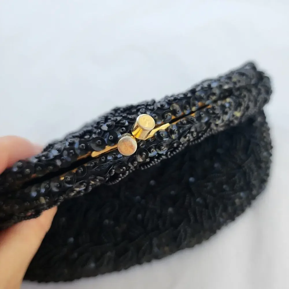 All Over Beaded Clutch Evening Bag Black Satin Vintage Handmade‎ In Hong Kong